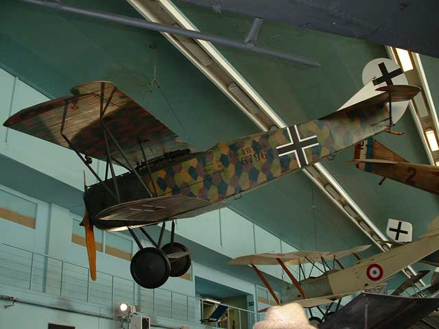 The typical lozenge camouflage colours are very evident on this Albatros-built D-VII as exhibited today at the Musée de l\'Air at Le Bourget