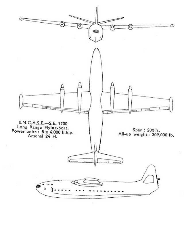 A 3-view drawing of the giant SE-1200 passengers flying boat . It was never built