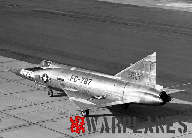 Convair YF-102A at Edwards Air Force base, California, on taxi run to begin its maiden flight. November 1953. In most aspect this features all of the construction elements of the future manufactured machines.