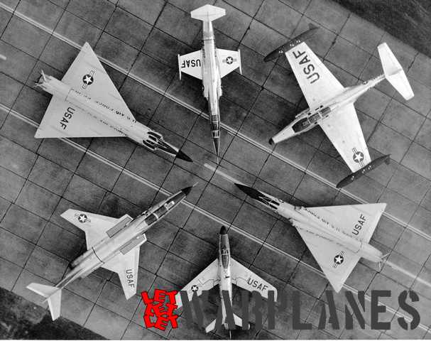 Backbone of the US fighting force in the early '60, from the top and clockwise is F-104 Starfighter, F-102 Delta Dagger, F-101 Voodoo, F-86D Sabre Dog, F-106 Delta Dart and F-89 Scorpion.