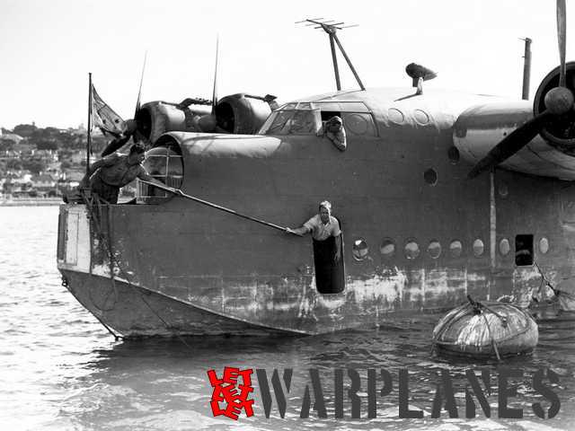 Sunderland RAAF close-up at Sydney, Australia while being anchored. The nose turret could be retracted to make room for an anchor place.