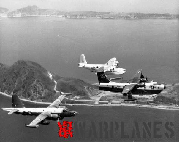 RNZAF Sunderland farewell at Corregidor in 1963 with an escort of a RNZAF Neptune and a U.S. Navy Martin Marlin (Wikipedia).