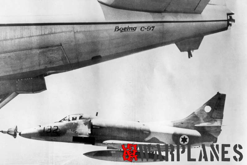 Israeli air force A-4H being refuelled from a Boeing C-97 tanker. Note censored tail symbol!