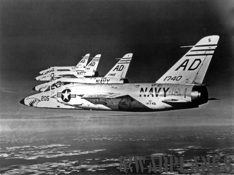 Formation of four Long-nose Tigers from VF-21 with sharkmouth decoration. (Grumman photo)