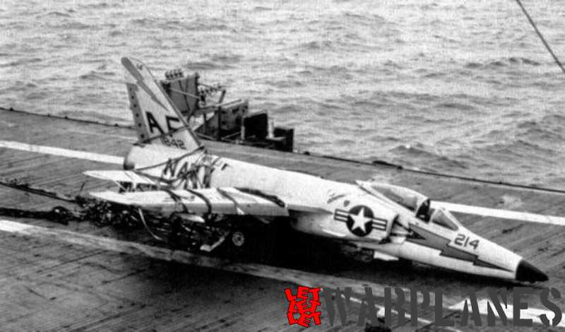 Not all deck landings were perfect and Tiger no. 141842  from VF-33 ended in the barrier of USS Intrepid! (Mark Nankivil collection)