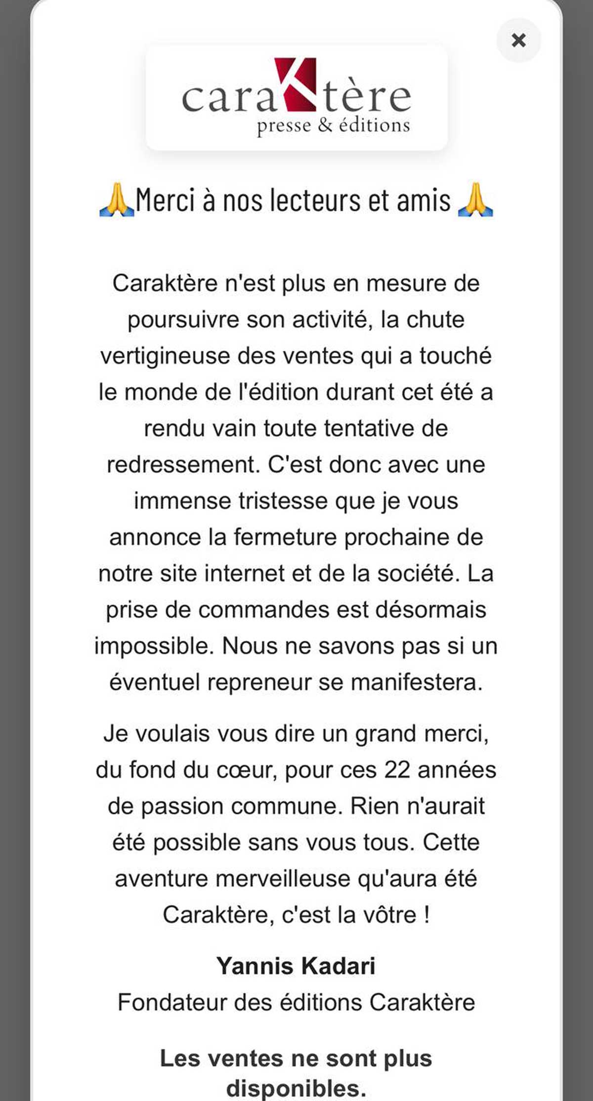 Sad notice of end of publication